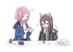  2girls animal_ears arknights blue_jacket blue_poison_(arknights) blush brown_hair cake cat_ears_headband closed_eyes collared_shirt crying doctor_(arknights) eating feeding female_doctor_(arknights) food fork hand_on_wall heart hooded_coat jacket long_hair multiple_girls nejikyuu pink_hair plate shirt simple_background twintails white_hair 