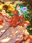  1girl castle company_name copyright_name dress elincia_ridell_crimea fire fire_emblem fire_emblem:_path_of_radiance fire_emblem_cipher green_hair holding holding_staff long_hair long_sleeves looking_back official_art open_mouth orange_eyes outdoors sky solo staff suzuki_rika 