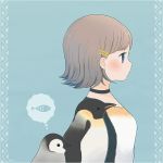  1girl ayu_(mog) bird black_choker blue_background blue_eyes blush bright_pupils chick choker emperor_penguin from_side grey_hair hair_ornament hairclip original penguin profile shirt short_hair solo spoken_animal 