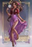  1girl aerith_gainsborough bolo_tie bracelet brown_hair cropped_jacket dress final_fantasy final_fantasy_vii flower full_body gold_bracelet green_eyes highres jacket jewelry looking_at_viewer parted_lips pink_dress red_jacket sandals side_slit smile solo toes yang_fan 