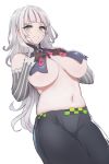  1girl :d alternate_breast_size arm_warmers bad_id bad_twitter_id black_gloves breasts commentary gloves green_eyes grey_hair highres hololive long_hair meme50 murasaki_shion navel no_bra open_mouth pants simple_background smile solo virtual_youtuber 