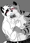  abs anthro athletic biceps blush bodily_fluids bottomwear canid canine clothed clothing darius_coonfox digital_media_(artwork) drooling duo eyes_closed felid fox fur hair handcuffed hi_res j&#039;mal_quinn joykill kissing making_out male male/male mammal marble_fox monochrome muscular muscular_male nipple_piercing nipples pantherine pants pecs piercing police red_fox saliva simple_background stripes tiger topless 