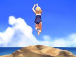  1girl arms_up ass bare_arms bare_legs bare_shoulders barefoot blue_sky blue_swimsuit cloud day halterneck horizon idolmaster idolmaster_cinderella_girls jumping light_brown_hair long_hair morikubo_nono ocean one-piece_swimsuit outdoors ringlets sky soles solo swimsuit ushi water 