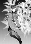  1girl absurdres aozaki_touko ascot bangs eyebrows_visible_through_hair flower fur_trim gloves glowing glowing_eye gradient gradient_background hand_on_own_face highres looking_at_viewer mahou_tsukai_no_yoru monochrome pantyhose parted_bangs short_hair solo tagme takai_isshiki wide-eyed 