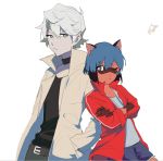  2020 anthro belt black_body blue_eyes blue_hair bottomwear brown_body brown_fur canid canine clothed clothing coat collar crossed_arms duo female fingers fur grey_eyes hair hands_in_pockets human jacket looking_at_viewer mammal michiru_kagemori miol_(user_ynra3743) multicolored_eyes multicolored_hair open_jacket pink_eyes pockets raccoon_dog shirou_ogami simple_background studio_trigger tanuki topwear white_background white_hair 