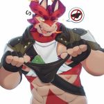  1:1 abs anthro bodily_fluids cancerdoge clothing cthugha_(tas) fingerless_gloves gloves handwear horn jacket looking_at_viewer male muscular muscular_male nipples one_eye_closed pink_nipples red_eyes saliva scalie solo tokyo_afterschool_summoners tongue tongue_out topwear video_games wink yellow_sclera 