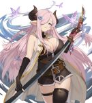  1girl absurdres asymmetrical_gloves bare_shoulders black_gloves blue_eyes bottomless braid breasts cleavage demon_horns draph elbow_gloves gloves granblue_fantasy hair_ornament hair_over_one_eye highres horns huge_filesize katana large_breasts lavender_hair long_hair low_tied_hair narmaya_(granblue_fantasy) pointy_ears purple_hair single_braid single_thighhigh sleeveless solo sword thigh_strap thighhighs tshna weapon 