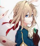  1girl bangs blonde_hair blue_eyes blue_jacket braid brooch brown_gloves closed_mouth english_commentary envelope fumi_fumi_(7837224) gloves hair_between_eyes hair_intakes highres jacket jewelry red_ribbon ribbon sidelocks upper_body violet_evergarden violet_evergarden_(character) white_neckwear 