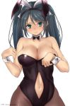  1girl animal_ears aqua_eyes bare_shoulders blue_hair blush breasts bunny_ears bunny_girl bunnysuit cleavage detached_collar eyebrows_visible_through_hair hair_ornament hairband highres isuzu_(kantai_collection) kantai_collection large_breasts long_hair looking_at_viewer navel navel_cutout pantyhose solo timato twintails 