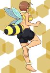  1girl antennae ass bee_girl black_shorts blush breasts brown_hair from_behind full_body fur_collar green_eyes honeybee insect_girl insect_wings kurovah large_breasts looking_at_viewer looking_back monster_girl monster_girl_encyclopedia shorts simple_background smile solo wings 