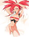  1girl absurdres adjusting_hair ass_visible_through_thighs bangs black_shirt blush bottomless breasts censored closed_mouth commentary eyelashes flannery_(pokemon) highres leaf long_hair mouth_hold navel novelty_censor pokemon pokemon_(game) pokemon_oras red_eyes red_hair sexynomicon shiny shiny_skin shirt shirt_down smile solo steam tan tanlines tied_shirt zoom_layer 