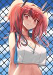  1girl arms_behind_back azur_lane bangs blue_sky bow breasts bremerton_(azur_lane) bremerton_(scorching-hot_training)_(azur_lane) chain-link_fence cleavage commentary crop_top crop_top_overhang fence grey_hair hair_between_eyes hair_bow hair_ornament heart heart_necklace highres large_breasts long_hair mg42cat-k1ng multicolored_hair no_mole outdoors parted_lips pink_hair shirt sidelocks sky sleeveless sleeveless_shirt solo sportswear streaked_hair tennis_uniform two-tone_hair two-tone_shirt x_hair_ornament 