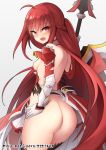  1girl ass back black_legwear blush breasts cape commentary_request elesis_(elsword) elsword eyebrows_visible_through_hair from_behind gloves grand_master_(elsword) grey_background holding holding_spear holding_weapon long_hair looking_at_viewer looking_back nipples open_mouth polearm red_eyes red_hair revision shield simple_background small_breasts solo spear standing symbol-shaped_pupils teeth thighhighs torn_clothes very_long_hair waero watermark weapon web_address white_gloves 