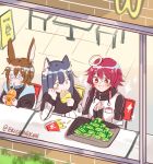  3girls :d amiya_(arknights) animal_ear_fluff animal_ears arknights artist_name bangs black_capelet black_hair black_jacket blue_eyes blush blush_stickers brown_hair bunny_ears capelet coll_(erichankun) commentary cup disposable_cup drinking drinking_straw exusiai_(arknights) eyebrows_visible_through_hair food french_fries hair_between_eyes halo hamburger high_collar holding holding_cup holding_food jacket long_hair long_sleeves multiple_girls open_mouth own_hands_together palms_together raglan_sleeves red_eyes red_hair short_hair sketch smile sparkle texas_(arknights) tray twitter_username upper_body wcdonalds white_jacket wolf_ears 