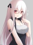  1girl breasts cross cross_necklace girls_frontline glasses grey_background hair_ribbon highres jewelry kar98k_(girls_frontline) keenh long_hair looking_at_viewer medium_breasts necklace red_eyes ribbon ring shirt silver_hair solo wedding_ring white_hair white_shirt 