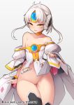  1girl ass ass_visible_through_thighs bare_shoulders black_legwear blush braid breasts chinese_commentary choker code:_empress_(elsword) collarbone commentary_request cowboy_shot dress dress_lift dress_pull elsword eve_(elsword) eyebrows_visible_through_hair facial_mark forehead_jewel french_braid lifted_by_self long_hair looking_at_viewer nipples no_bra no_panties parted_lips puffy_sleeves pussy revision simple_background small_breasts smile solo standing strapless strapless_dress thigh_gap thighhighs waero white_dress white_hair white_sleeves yellow_choker yellow_eyes 