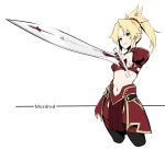  1girl bangs blonde_hair braid breasts character_name commentary_request eyebrows_visible_through_hair fate/grand_order fate_(series) frown green_eyes hair_ornament hair_scrunchie holding holding_sword holding_weapon long_hair looking_at_viewer mordred_(fate) mordred_(fate)_(all) navel parted_bangs ponytail red_scrunchie scrunchie simple_background small_breasts solo sword takatun223 weapon white_background 
