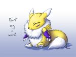  2020 atticus-kotch black_nose blue_background chibi claws clothing digimon digimon_(species) eyelashes eyes_closed female fluffy gloves handwear renamon signature simple_background sitting text toe_claws tuft yellow_body 