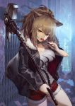  1girl animal_ears arknights bangs black_jacket black_nails breasts brown_eyes brown_hair candy choker cleavage collarbone commentary_request eyebrows_visible_through_hair food fur_trim hair_between_eyes highres holding holding_weapon jacket large_breasts lion_ears lollipop long_hair long_sleeves looking_at_viewer nkmr8 outdoors ponytail shorts siege_(arknights) solo tank_top weapon 