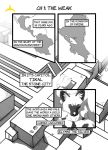  anthro canid canine city cityscape clothed clothing comic detailed_background digital_media_(artwork) elymas_(vile) english_text fox hi_res inner_ear_fluff looking_at_viewer male mammal map monochrome red_fox silver_fox solo text topless tuft vile_(artist) 