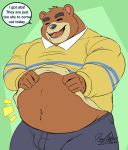  2020 animal_crossing anthro bottomwear brown_body brown_fur bulge clothing deadanthro english_text eyes_closed fur humanoid_hands male mammal nintendo overweight overweight_male pants shirt solo teddy_(animal_crossing) text topwear ursid video_games 