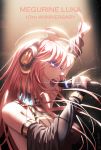  1girl 2019 absurdres ahoge bangs black_sleeves blue_eyes bracelet bridal_gauntlets character_name dated detached_sleeves floating_hair geduan hair_between_eyes highres holding holding_microphone jewelry long_hair long_sleeves megurine_luka microphone open_mouth pink_hair solo upper_body very_long_hair vocaloid 