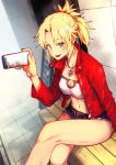  1girl absurdres bare_legs belt blonde_hair braid cellphone denim denim_shorts fate/grand_order fate_(series) french_braid green_eyes hair_ornament highres huge_filesize jacket jewelry looking_at_viewer mordred_(fate)_(all) nakanishi_tatsuya necklace phone shorts solo strapless 