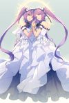  2girls back bangs bare_shoulders blush bracelet breasts character_name cis05 dress euryale fate/hollow_ataraxia fate_(series) frilled_hairband frills gradient gradient_background grey_background hairband halo holding_hands jewelry lolita_hairband long_hair looking_at_viewer multiple_girls off-shoulder_dress off_shoulder open_mouth purple_eyes purple_hair siblings sisters small_breasts smile stheno twins twintails very_long_hair white_dress 