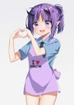  1girl absurdres agung_syaeful_anwar apron arknights bottomless heart heart_hands hibiscus_(arknights) highres horns necktie open_mouth polo purple_eyes purple_hair simple_background smile solo 