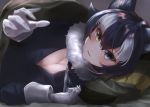  1girl aino-san_(miximixi39) animal_ear_fluff animal_ears black_hair blue_eyes blush breasts cleavage commentary commentary_request eyebrows_visible_through_hair fur_collar gloves grey_wolf_(kemono_friends) heterochromia highres kemono_friends large_breasts lying multicolored_hair necktie on_side two-tone_hair white_gloves white_hair wolf_ears wolf_girl 