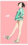  1girl absurdres ear_piercing hands_in_pockets highres jacket kamezaemon multicolored_hair open_clothes open_jacket original piercing shorts simple_background solo 