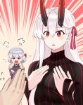  2girls :o alternate_costume angry aozaku_(hatake_no_niku) asymmetrical_hair bare_shoulders black_bodysuit blush bodysuit collarbone commentary_request cosplay dark_sakura dark_sakura_(cosplay) earrings fate/grand_order fate_(series) hair_between_eyes hair_ribbon hands_on_own_chest jewelry kama_(fate/grand_order) long_hair matou_sakura multiple_girls oni_horns pointing pointing_at_self pov pov_hands red_horns red_ribbon ribbon short_hair shouting silver_hair single_sidelock sweatdrop tomoe_gozen_(fate/grand_order) very_long_hair 