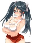  1girl bangs blue_hair blush bow breast_hold breasts cleavage commentary_request cowboy_shot crossed_arms full-face_blush green_eyes hair_bow highres huge_breasts isuzu_(kantai_collection) kantai_collection long_hair looking_at_viewer red_shorts see-through shiny shiny_skin shirt short_shorts shorts solo standing swept_bangs takase_muu tank_top twintails twitter_username white_background white_bow white_shirt 