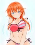  1girl bikini blue_eyes blush breasts collarbone commentary_request date_a_live embarrassed eyebrows_visible_through_hair hair_between_eyes highres marker_(medium) medium_breasts navel open_mouth orange_hair potekite red_bikini side-tie_bikini solo striped striped_bikini swimsuit traditional_media upper_body wardrobe_malfunction yamai_yuzuru 