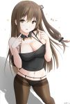  1girl bangs black_legwear black_panties black_shirt blush breasts brown_eyes brown_hair collarbone girls_frontline hair_ornament hair_ribbon highres k-2_(girls_frontline) keenh long_hair looking_at_viewer medium_breasts navel open_mouth panties panties_under_pantyhose pantyhose ribbon shirt solo underwear white_background 