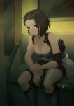  1girl absurdres black_shorts blue_shirt boots breasts brown_eyes brown_hair cleavage closed_mouth highres jill_valentine large_breasts looking_at_viewer resident_evil resident_evil_3 shirt short_hair shorts sitting solo wingure 