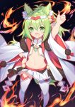  1girl :d absurdres animal_ear_fluff animal_ears arm_up azur_lane bell black_background blurry commentary_request crop_top fang fire flat_chest fox_ears fox_girl fox_tail fur_trim gold_trim green_eyes green_hair hair_ornament hand_on_hip highres isokaze_(azur_lane) isokaze_(new_year&#039;s_battle)_(azur_lane) japanese_clothes jewelry jingle_bell long_hair looking_at_viewer midriff miniskirt navel necklace open_mouth pleated_skirt shirt simple_background skirt smile solo standing stomach tail takeg05 thighhighs white_legwear white_shirt white_skirt wide_sleeves zettai_ryouiki 