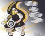  2019 absurd_res alpha_channel anthro belly big_belly blush bulge dialogue digital_drawing_(artwork) digital_media_(artwork) english_text gas_mask gigglyyeenuki glistening hi_res humiliation koebi lock lutrine male mammal mask minion mustelid offscreen_character overweight rubber simple_background solo speech_bubble story story_in_description text transformation transparent_background url yellow_eyes yellow_nose 