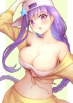  1girl arm_up bandeau bare_shoulders baseball_cap bb_(fate)_(all) bb_(swimsuit_mooncancer)_(fate) braid breasts collarbone commentary_request eyebrows_visible_through_hair fate/grand_order fate_(series) hat large_breasts long_hair navel open_mouth pink_eyes purple_hair revision sideways_hat simple_background solo star stomach upper_body very_long_hair waero white_headwear 