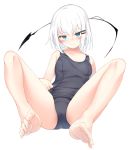  1girl bangs bare_legs bare_shoulders barefoot black_panties black_shirt blue_eyes blush breasts cameltoe collarbone commentary_request frown hair_between_eyes hair_ornament hairclip highres looking_at_viewer medium_breasts original otokuyou panties ringo-chan_(otokuyou) shirt short_hair simple_background solo underwear white_background white_hair 