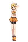  1girl ahoge arm_behind_back arm_behind_head arm_up armpits bangs bike_shorts black_shorts blonde_hair bow collarbone crop_top full_body hair_between_eyes hair_ornament hairband highres kagamine_rin looking_at_viewer midriff miniskirt navel pleated_skirt project_diva_(series) shiny shiny_hair short_hair shorts shorts_under_skirt simple_background sing&amp;smile_(vocaloid) skirt solo standing stomach strapless swept_bangs tsukishiro_saika vocaloid white_background white_hairband yellow_bow yellow_footwear yellow_skirt 