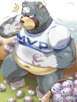  2020 3:4 animal_crossing anthro belly blush bodily_fluids clothing curt_(animal_crossing) easter_egg eating hi_res humanoid_hands kemono male mammal navel nikiciy nintendo overweight overweight_male shirt sitting solo_focus sweat topwear ursid video_games 