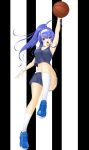  ahoge alternate_costume alternate_hairstyle ball basketball blue_eyes blue_hair breasts chaesu commentary hairband highres huge_ahoge medium_breasts open_mouth orie_(under_night_in-birth) outstretched_arm ponytail shoes short_shorts shorts sneakers sport under_night_in-birth white_hairband white_wristband wristband 