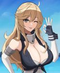  1girl ahoge bangs bare_shoulders blonde_hair blue_eyes blue_gloves blue_sky breasts cleavage desspie english_commentary eyebrows_visible_through_hair fingerless_gloves front-tie_top gloves hair_between_eyes highres iowa_(kantai_collection) kantai_collection large_breasts long_hair looking_at_viewer ok_sign one_eye_closed sidelocks sky star star-shaped_pupils symbol-shaped_pupils tongue tongue_out water 