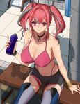  1girl absurdres azur_lane bare_shoulders bench bikini bikini_under_clothes black_choker black_shorts bottle bracelet breasts bremerton_(azur_lane) choker collarbone commentary_request from_above grey_hair groin hair_between_eyes highleg highleg_bikini highres jewelry large_breasts lifebuoy long_hair looking_at_viewer midriff multicolored_hair nail_polish navel no_mole outdoors pink_bikini pink_eyes pink_hair short_shorts shorts sitting sitting_on_bench stomach streaked_hair swimsuit thighhighs twintails unique_(pixiv12704744) water_bottle 