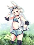 1girl animal_ears artist_name black_choker blush breasts bunny bunny_ears choker collarbone commentary dated eyewear_on_head frown gloves highres lazoomaiga looking_at_viewer navel original red_eyes short_shorts shorts signature sleeveless sleeveless_jacket small_breasts watermark web_address white_gloves 