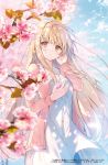  1girl bangs blonde_hair blue_sky blurry blurry_foreground breasts brown_eyes cloud commentary_request day depth_of_field dress eyebrows_visible_through_hair flower hand_up hanekoto highres holding holding_flower jacket long_hair long_sleeves looking_at_viewer official_art open_clothes open_jacket original outdoors parted_lips petals pink_flower pink_jacket school_uniform sky small_breasts solo tree very_long_hair white_dress 