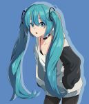  1girl :o black_legwear black_sleeves blue_background blue_eyes blue_hair breasts cardigan choker cleavage collarbone cowboy_shot hair_between_eyes hair_ornament hand_in_pocket hatsune_miku hood hood_down hooded_cardigan leaning_forward long_hair long_sleeves looking_at_viewer open_cardigan open_clothes panties pantyshot rang_go shiny shiny_hair shiny_legwear shirt simple_background small_breasts solo standing underwear very_long_hair vocaloid white_cardigan white_shirt 