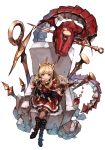  1girl bangs black_footwear black_legwear blonde_hair blush book boots bracelet cagliostro_(granblue_fantasy) cape chair crossed_legs dragon from_above granblue_fantasy hairband hankuri holding holding_book jewelry long_hair looking_at_viewer looking_up nail open_book open_mouth ouroboros_(granblue_fantasy) purple_eyes red_skirt simple_background sitting skirt smile solo thighhighs tiara white_background 