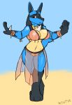  anthro belly_dancer big_breasts blue_body blue_fur breasts canid canine cleavage clothed clothing dancing female fur hi_res looking_at_viewer lucario mammal midriff multicolored_body nintendo pok&eacute;mon pok&eacute;mon_(species) simple_background solo video_games winter_(artist) 